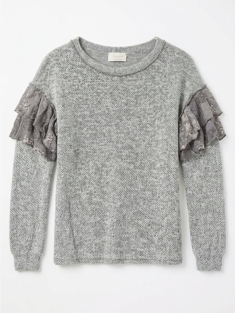 Sugarfox Grey Knit Sweater with Lace Ruffle accent long Sleeve S